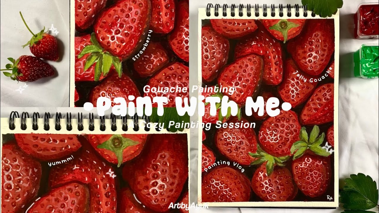 Paint With Me - Gouache Painting 🌱 Paint Strawberries 🍓🌿| A Cozy Painting Vlog