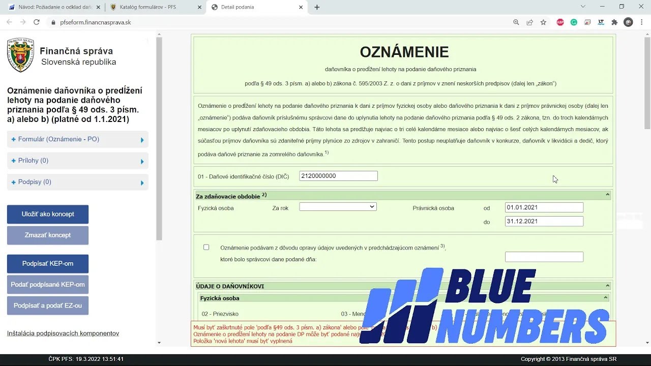 Návod Odklad lehoty podania Daňového priznania #BlueNumbersSKCZ