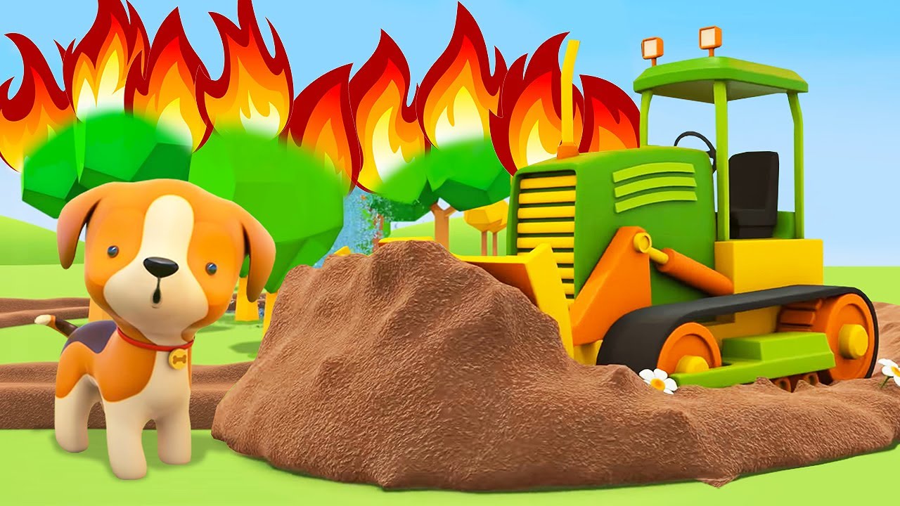 A fire truck, an excavator, and a police car arrive at a forest fire.