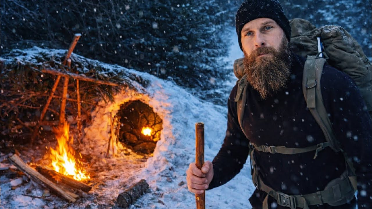 Primitive Winter Survival  Shelter In The Austrian Wilderness - Winter Storm Night