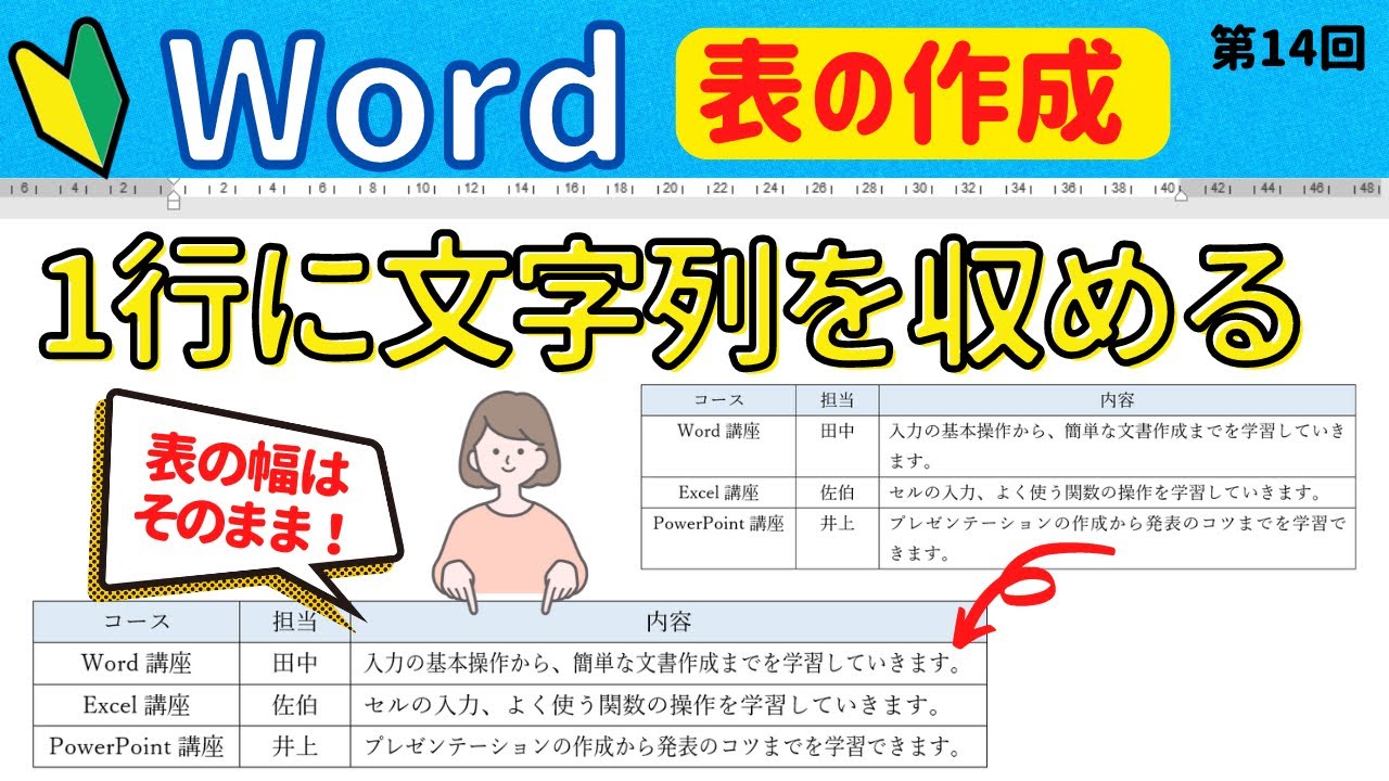 Word表の操作⑭ ２行になってしまった文字列を列幅を変えずに１行に収める方法