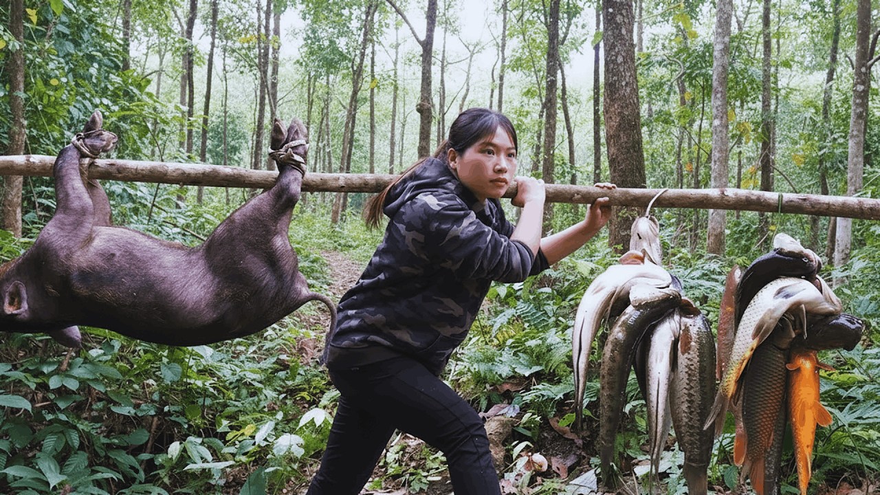 Surviving Alone in the Wilderness | Hunting Wild Boars and Catching Fish in Mountain Streams