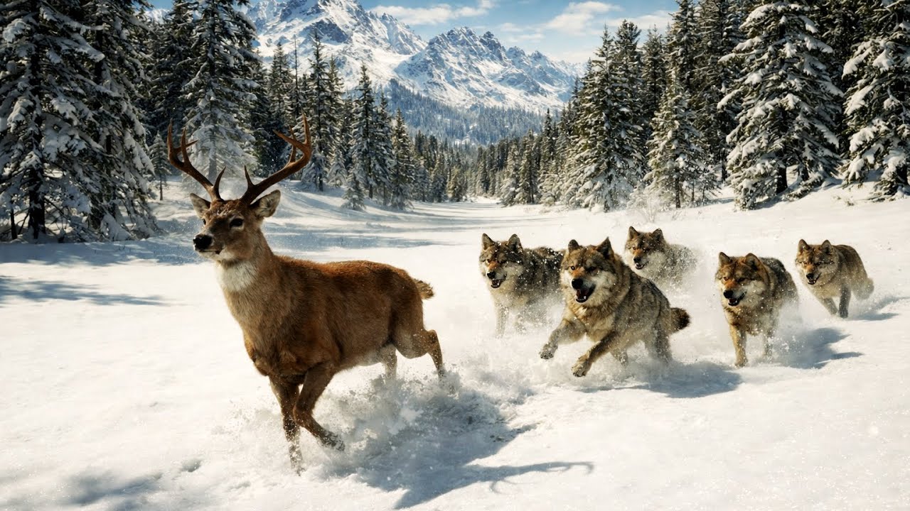 Deer Chased by a Pack of Wolves Across the Frozen Snowlands