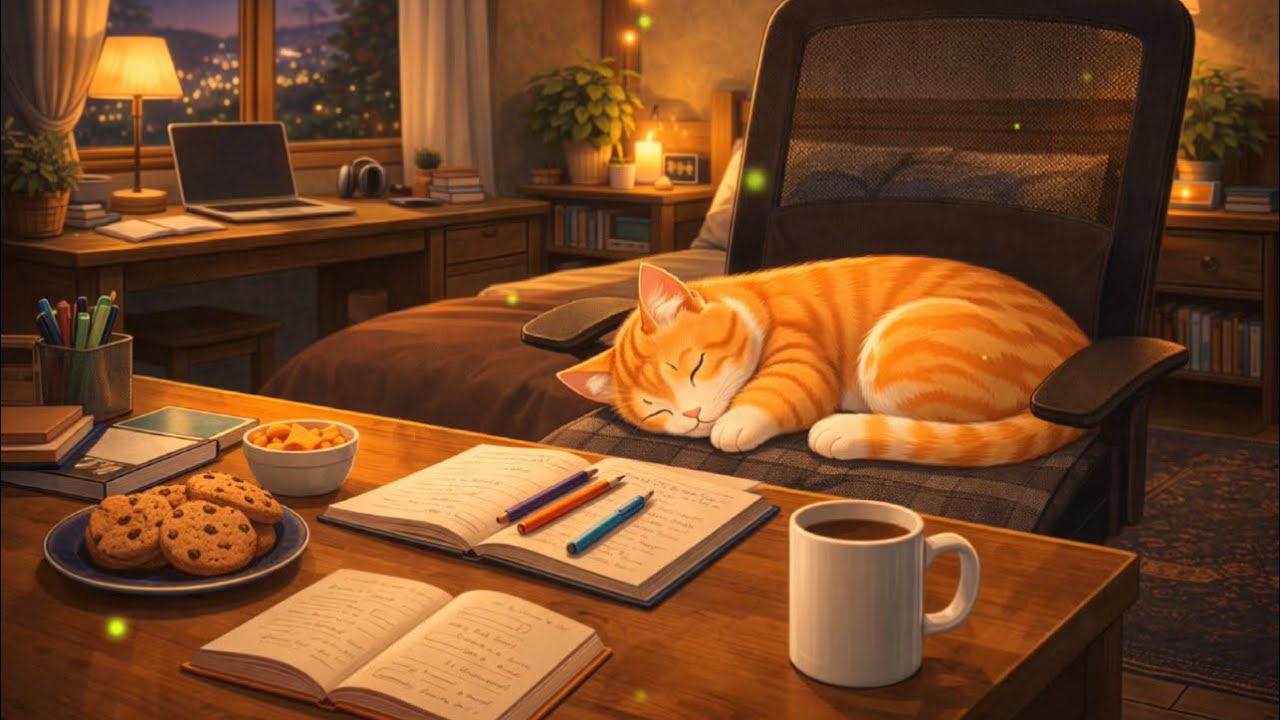 Cozy Bedroom Nights 🌙🐈 Ginger Cat & Slow Lofi Beats for Study & Calm Focus 