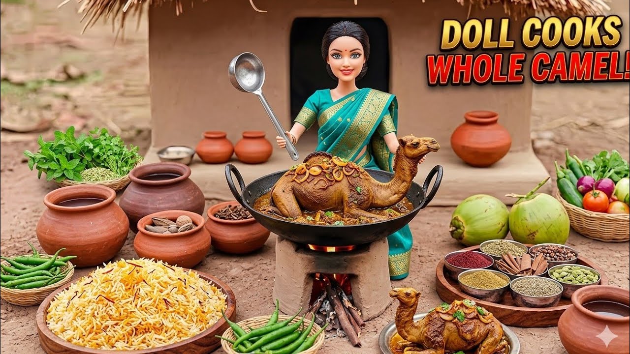Miniature Doll Cooking Whole Camel 🐪 | Indian Village Tiny Kitchen Recipe ASMR 🥘✨