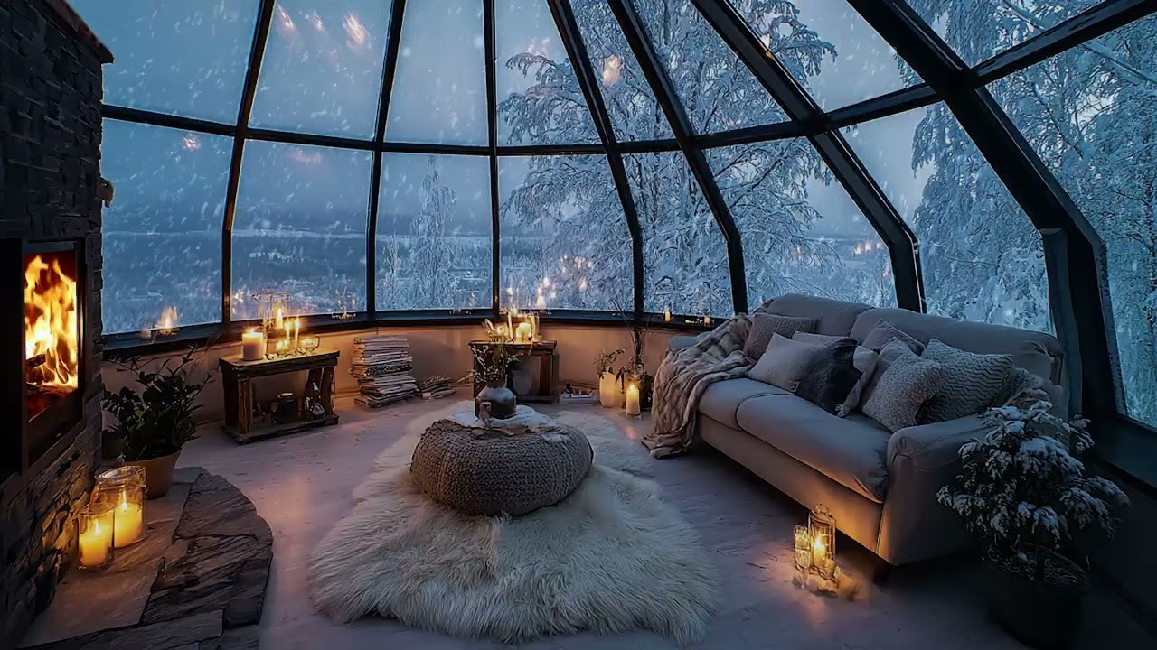 Snow Wind Outside, Fireplace Inside | Cozy Winter Room Sounds for Deep Sleep, Stress Relief
