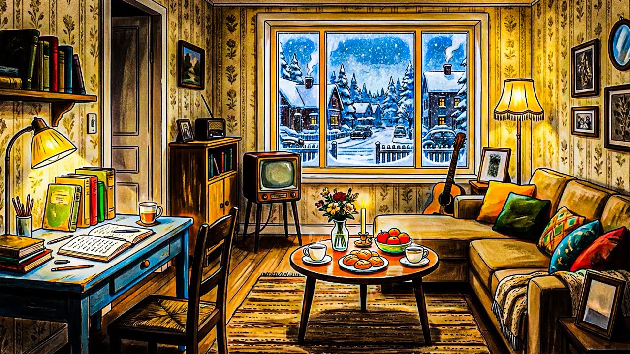 Retro Jazz Music Playing in Another Room ✨ Calm Snowy 1940s Night Ambience for Unwind