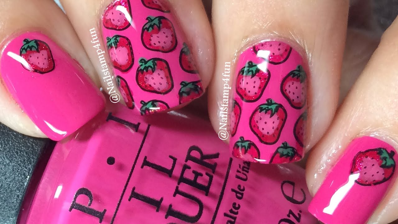 Strawberry nails Using Winstonia W118 Nail Stamping
