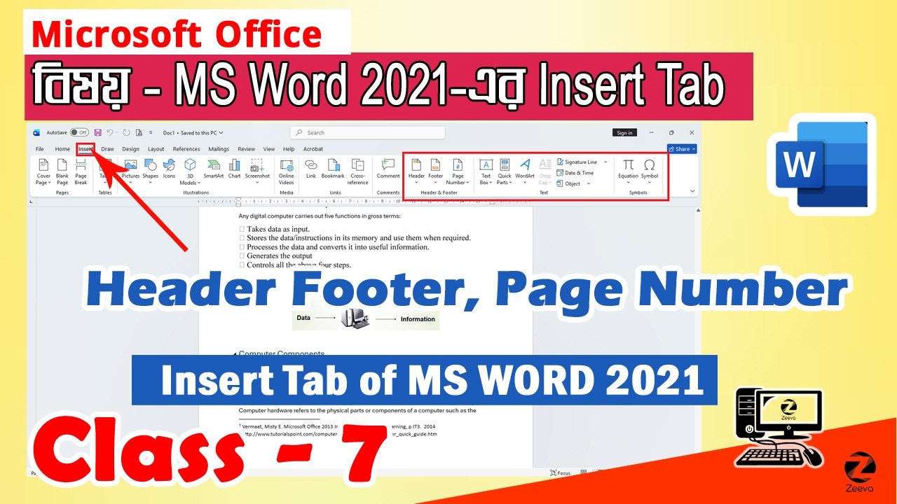 Insert Tab-এর ব্যবহার | Insert Tab of MSWord 2021 | Part - III | Class Day #7 | ZCC