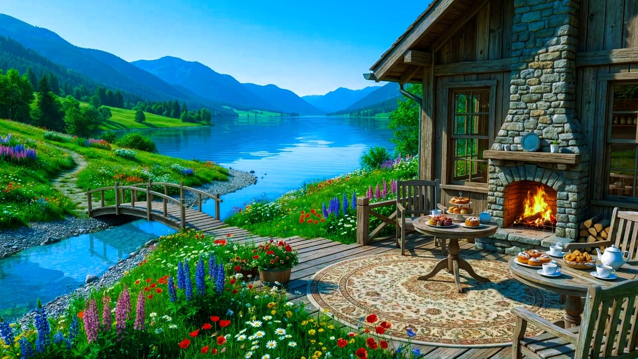 Peaceful Spring Morning at Lakeside Cafe Ambience 🌸 Relaxing Jazz Background Music for Work, Study