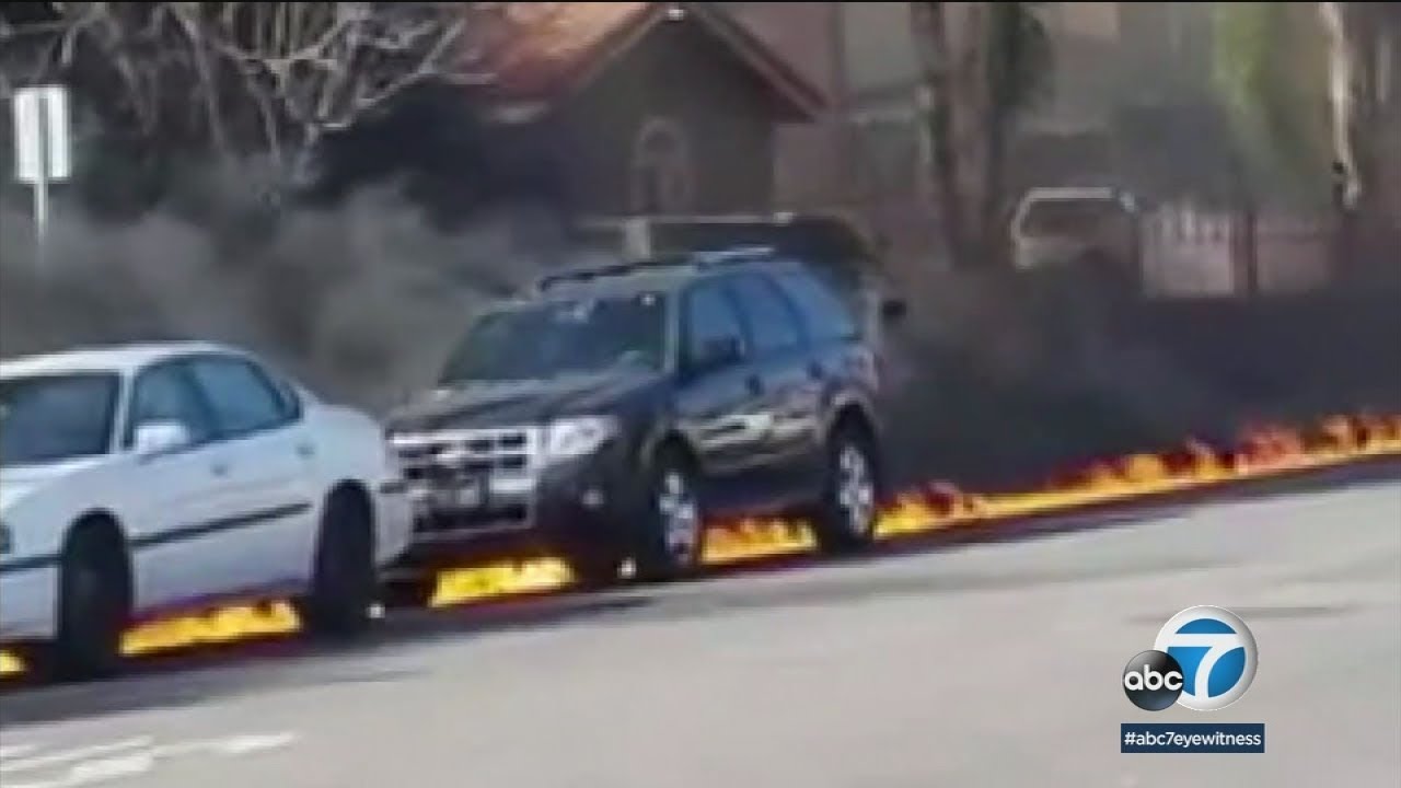 Gas fire ignites cars, stretch of road in Burbank | ABC7