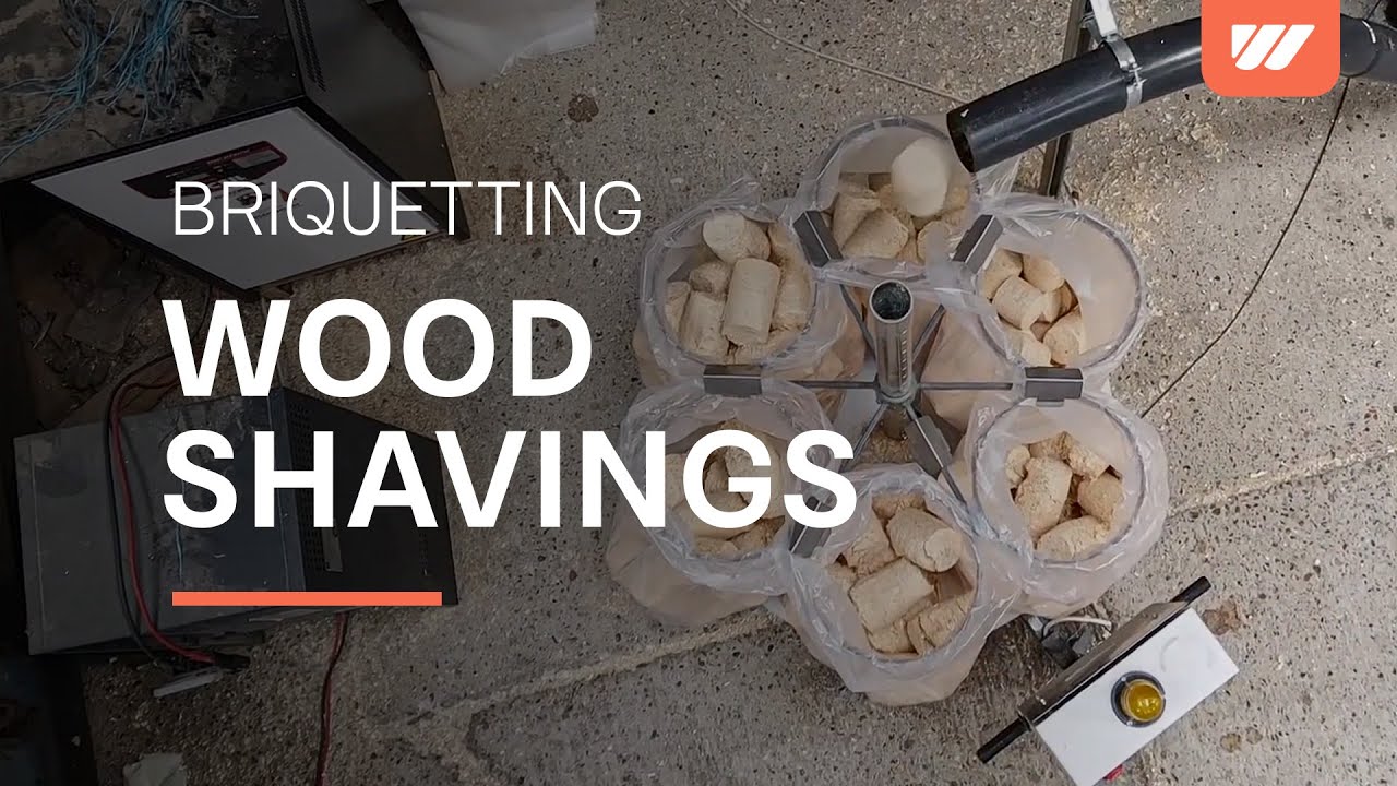 Wood shavings briquetting with a WEIMA TH 820 briquette press and bagging carousel