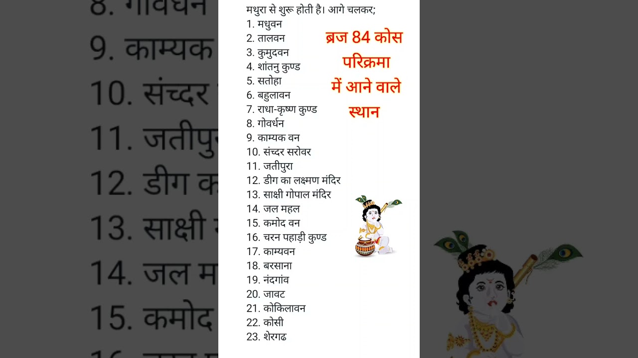 ब्रज 84 कोस में आने बाले प्रमुख स्थान ||