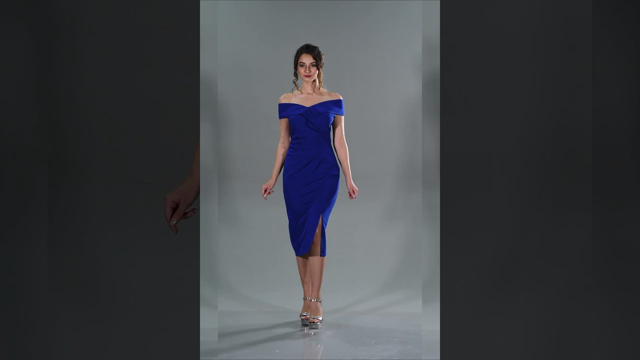 Saks Mavi Kayık Yaka Midi Davet Elbisesi ABK993
