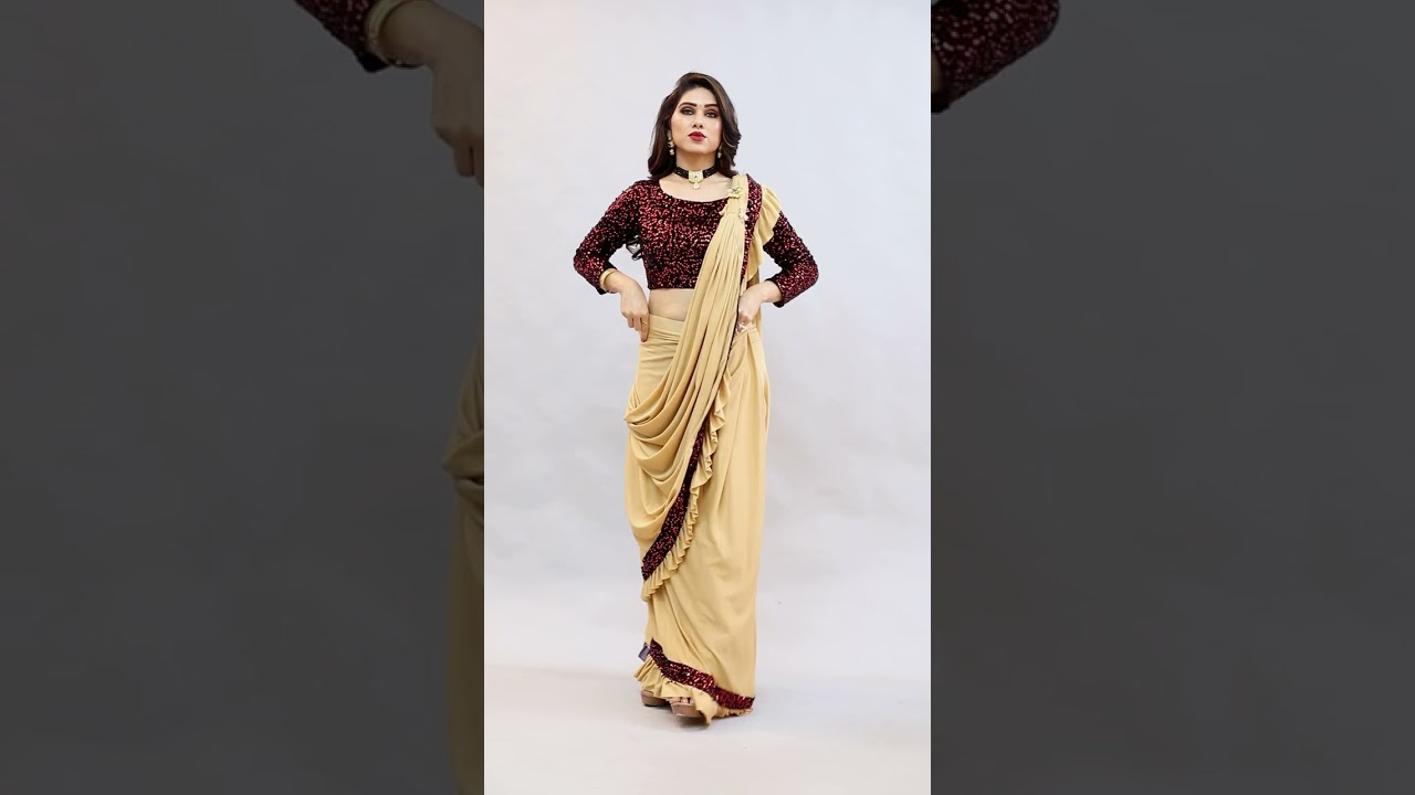 Latest Designer Ready to Wear Lycra Saree with Sequins and Ruffle Lace