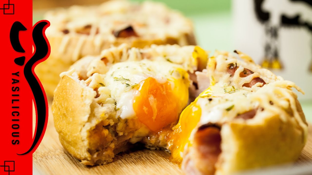 FRÜHSTÜCKSBRÖTCHEN - gefüllt und überbacken mit Schinken, Ei, Käse  - 5 Minuten Rezept ;)
