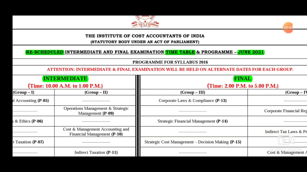 Time Table of CMA Exam Oct. 2021 released | Official Announcement