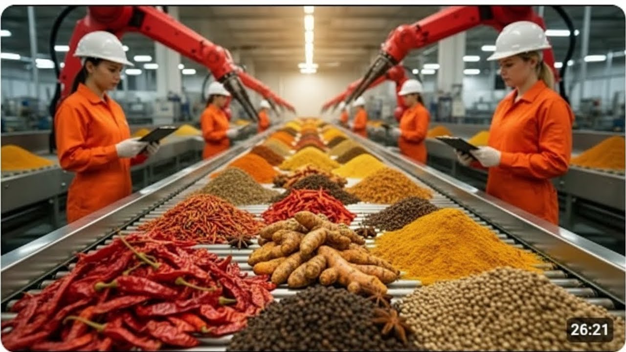 Spice Grinding & Packaging Factory – How Giant Rotating Machines Turn Raw Spices into Fine Powder
