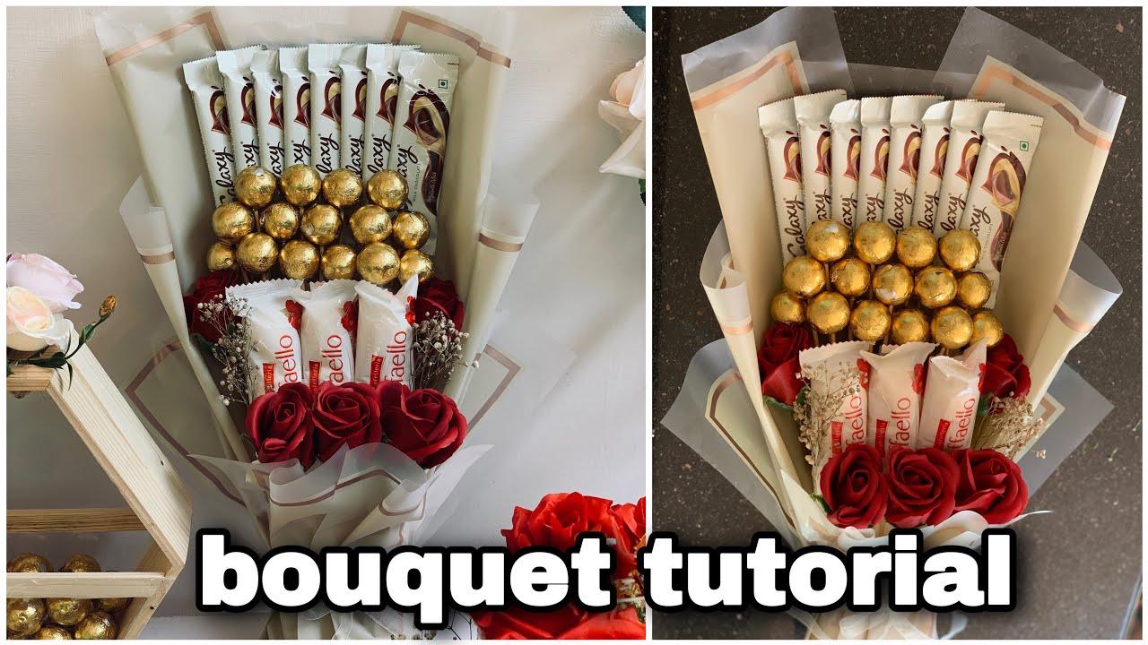 Chocolate bouquet making in malayalam|flower chocolate bouquet tutorial|engagement hamper making
