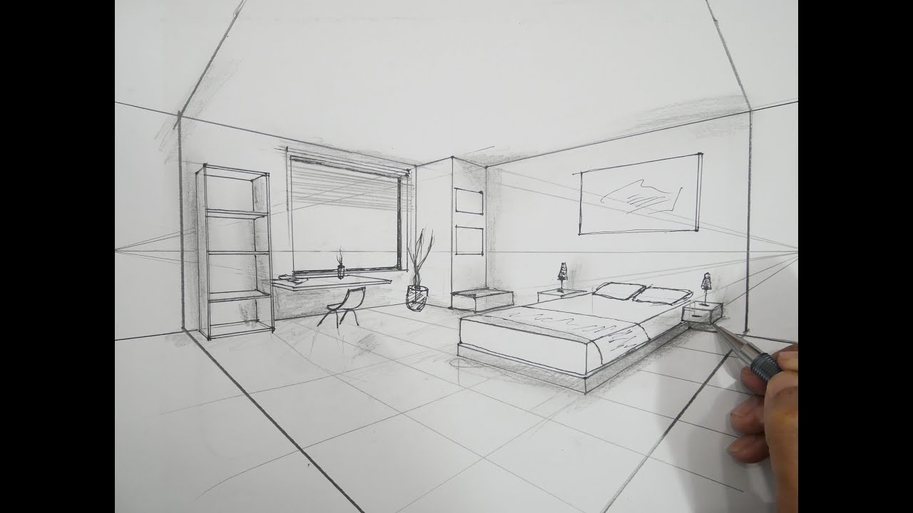 Learn How To Draw Bedroom in 2 Point Perspective