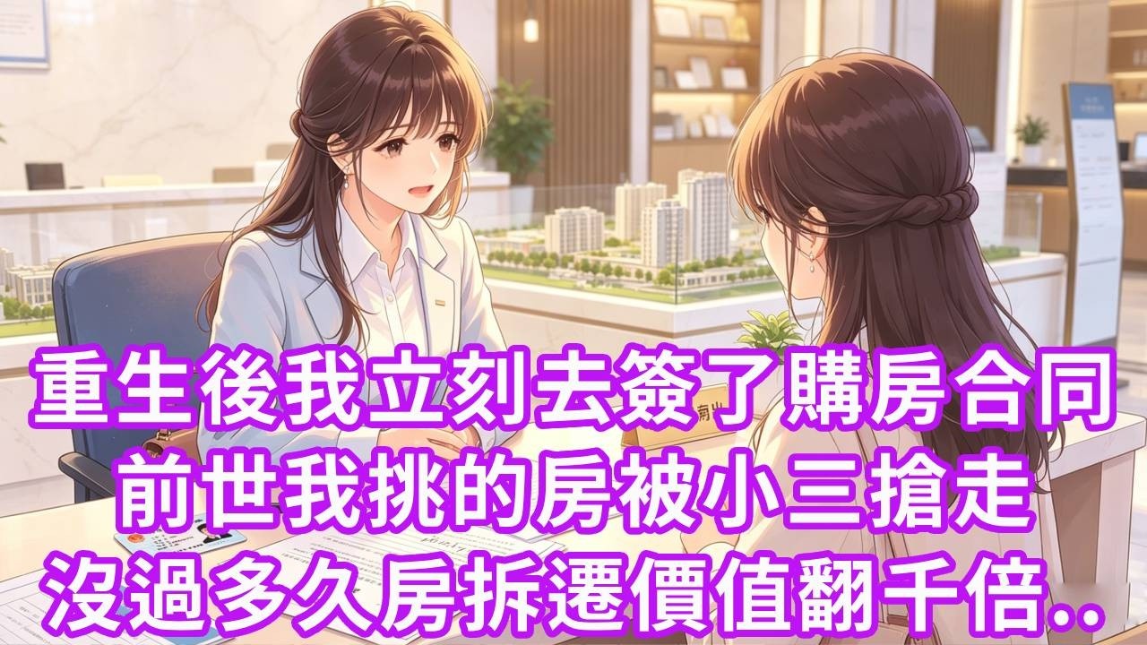 重生後我立刻去房管局簽了購房合同，前世我挑了兩套房準備二選一，卻被告知一套已賣只能選第二套，沒過多久1號房拆遷價值翻千倍 ，我在小房子勞累一生，死前老公初戀出現謝謝我當年替她挑房子...#重生 #復仇