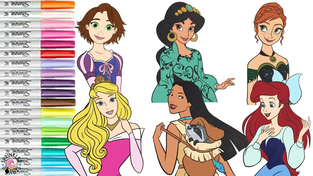 Disney Princess Coloring Book Compilation Aurora Jasmine Ariel Pocahontas Rapunzel and Anna