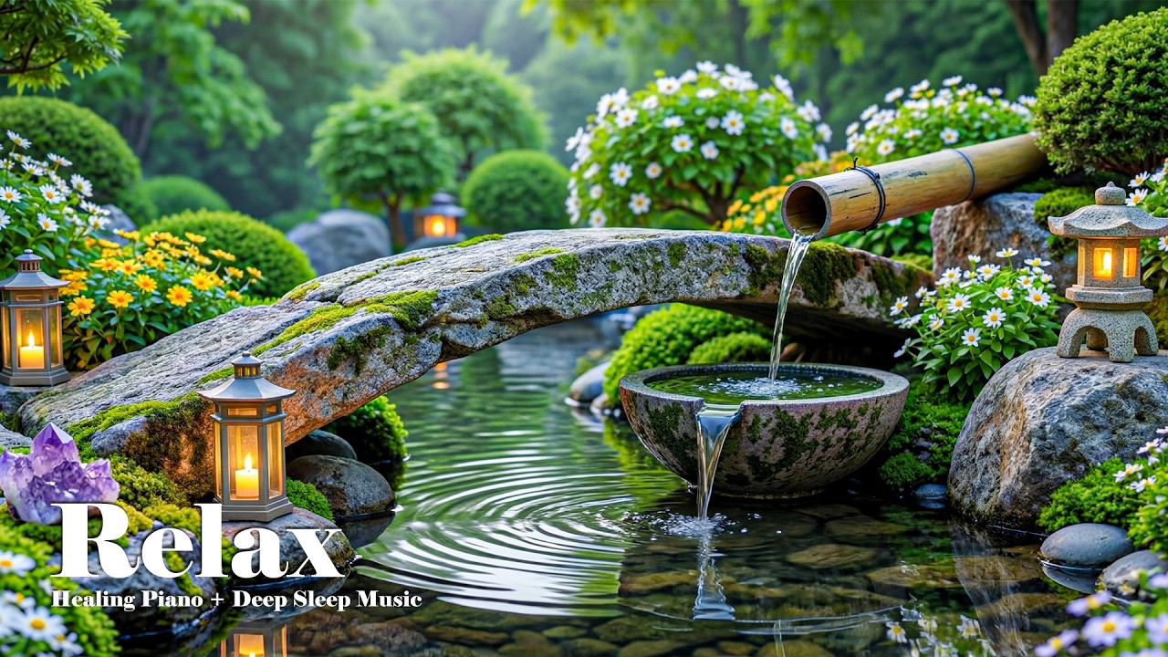 Relaxing Piano Music Calm Your Mind 🌿 Bamboo Water Fountain, Anxiety Relief, Deep Sleep Music