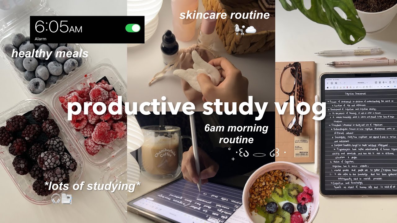 School days Study vlog 🐩🎧6am morning routine, studying, preparing for exams, skincare, yum meals