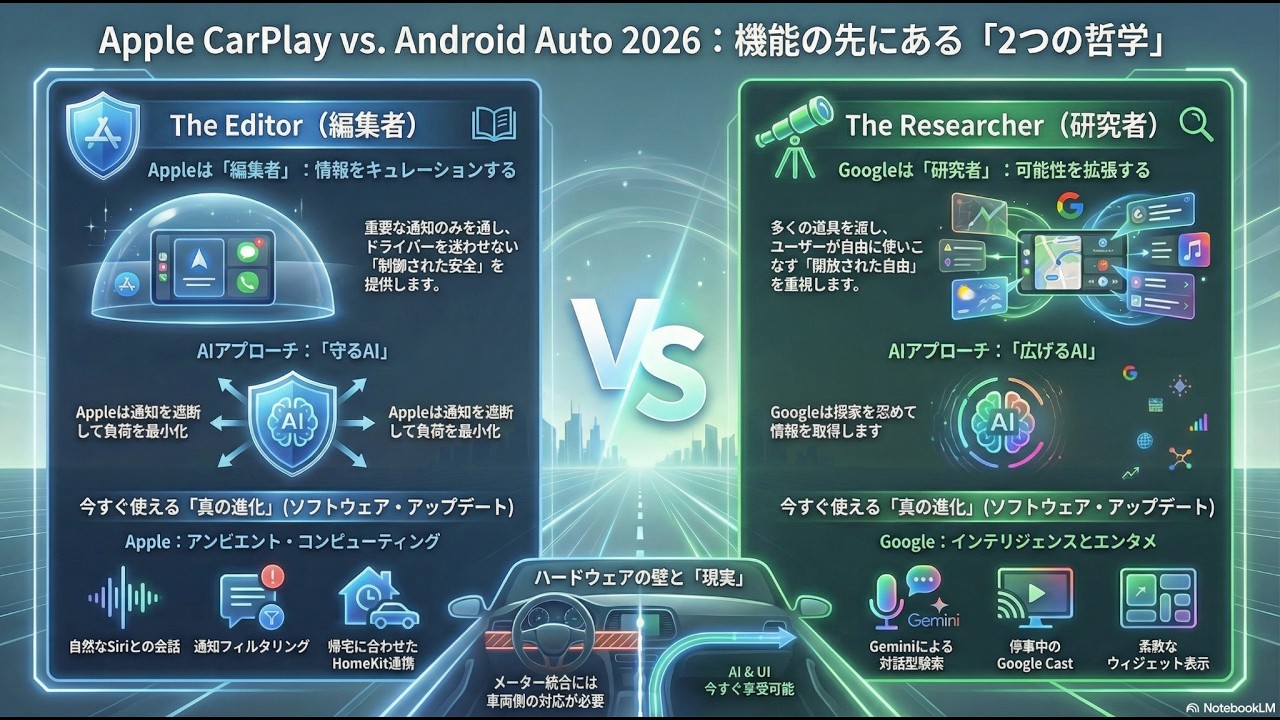 【2026年最新】CarPlay vs Android Auto 徹底比較！次世代機能とAI連携で覇権を握るのはどっち？