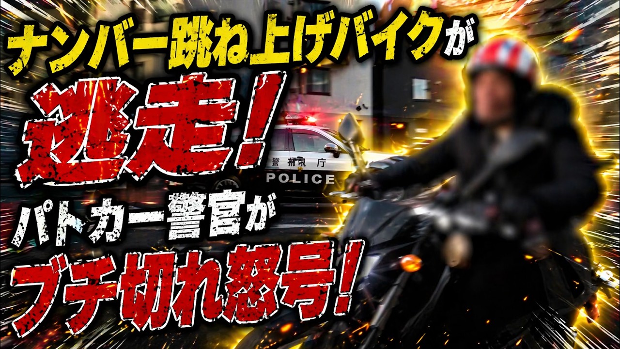 ナンバー跳ね上げバイクが逃走！パトカー警官がブチ切れ怒号！
