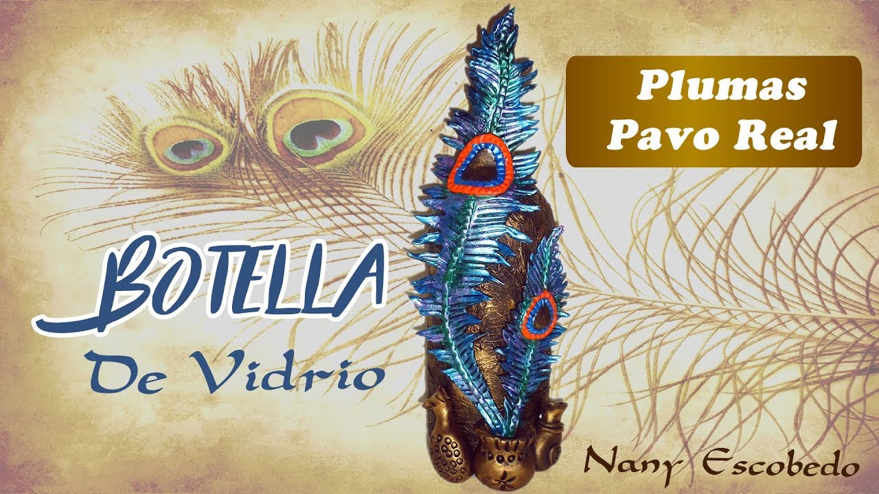 BOTELLA DE VIDRIO DECORADA PLUMAS PAVO REAL