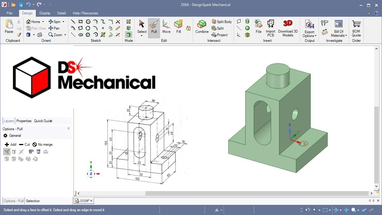 DesignSpark Mechanical #3 Direct Modeling: Extrude and Cut with 