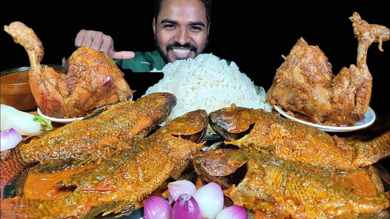 EATING SPICY WHOLE FISH CURRY WITH RICE, CHICKEN LEG CURRY & SALAD MUKBANG | FISH EATING SHOW