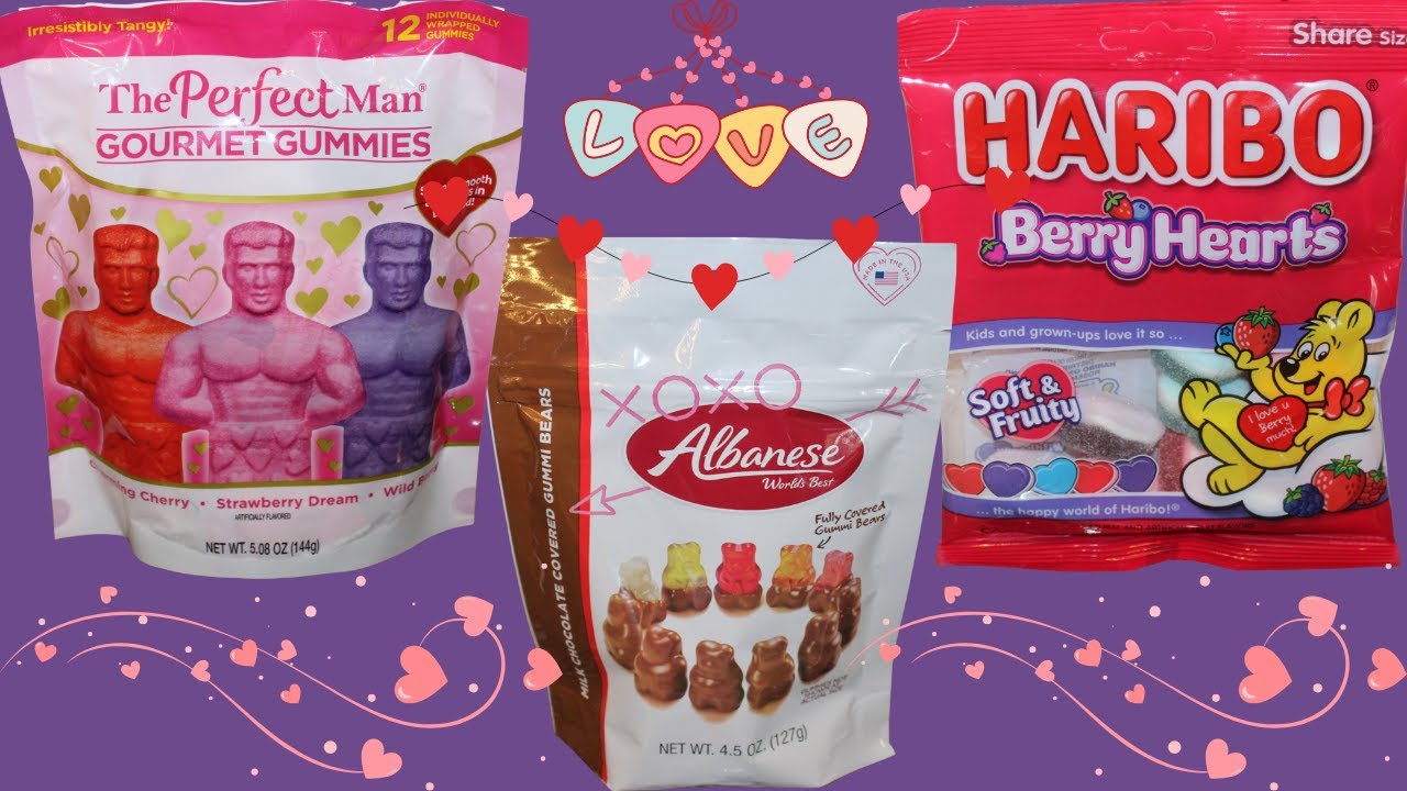 The Perfect Man Gummies, Albanese Chocolate Covered Gummi Bears, Haribo Berry Hearts