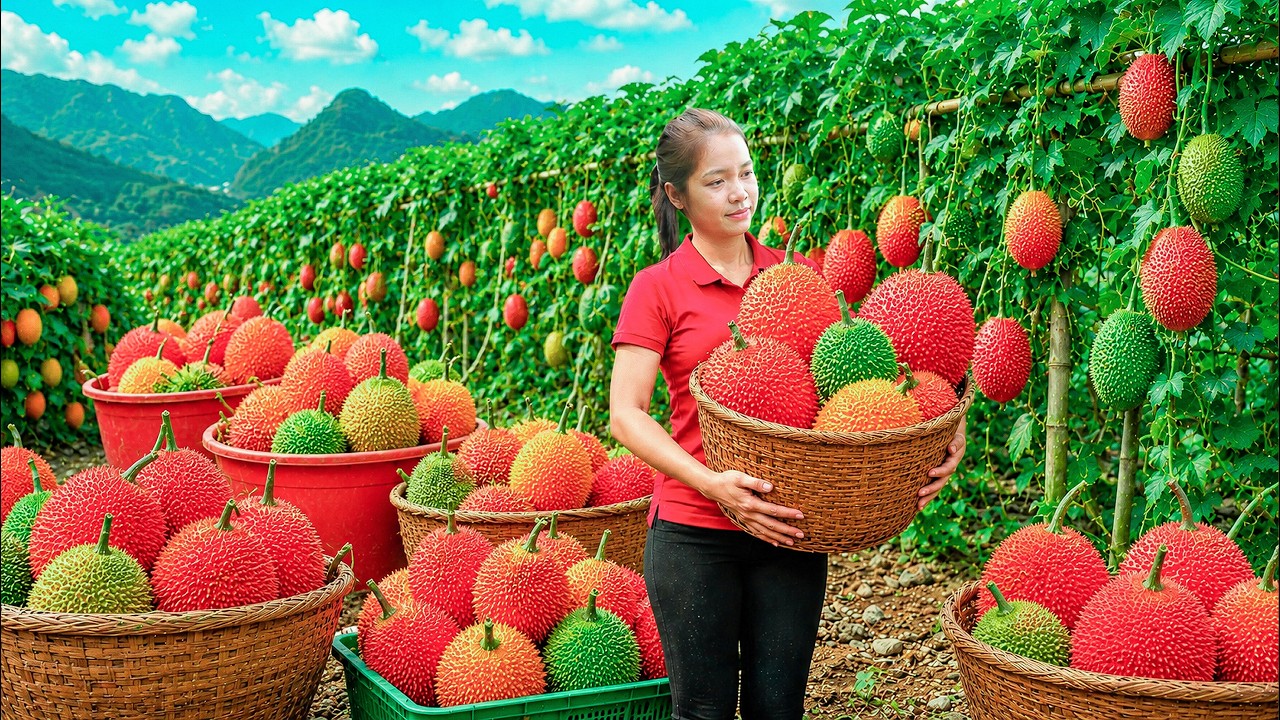 Harvest Rare Giant Gac Fruit in Farm To Sell at the Market | Harvest & Sell in the Traditional Way.