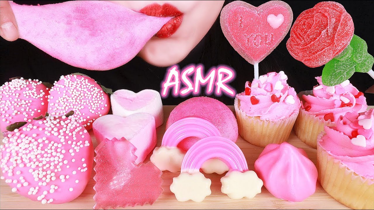 ASMR PINK DESSERT: MOCHI, GUMMY CANDY, CHOCOLATE, MARSHMALLOW, JELLY, STRAWBERRIES, CUPCAKES EATING