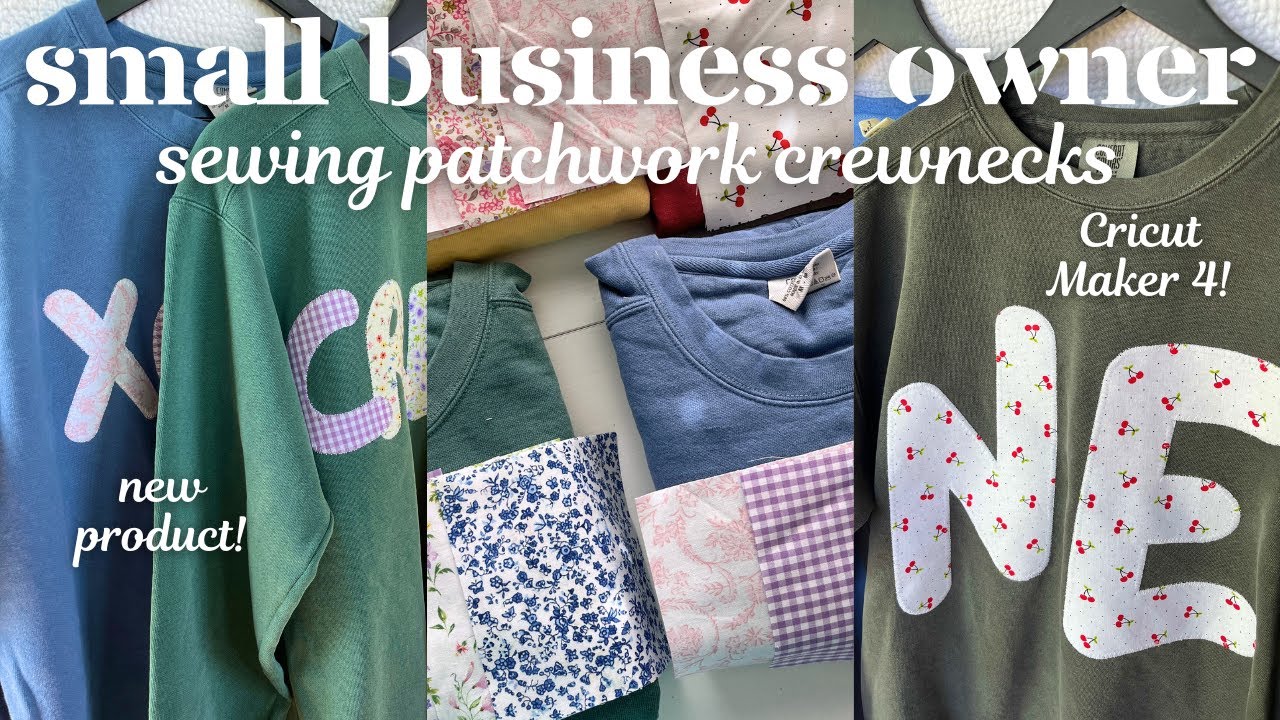 Testing Cricut Maker 4 and sewing patchwork crewnecks!🧵🎧 sewing 6 patchwork comfort colors crewnecks