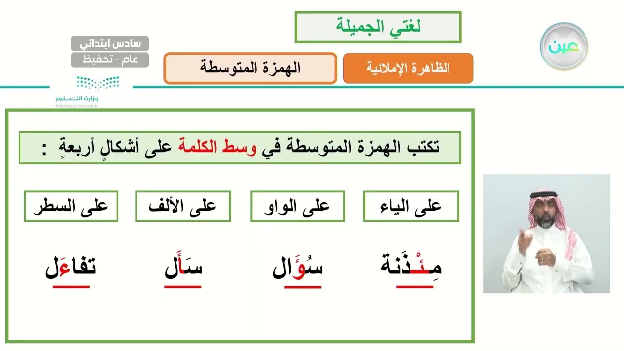 الظاهرة الإملائية ( الهمزة المتوسطة ) 1 - لغتي الجميلة - سادس ابتدائي