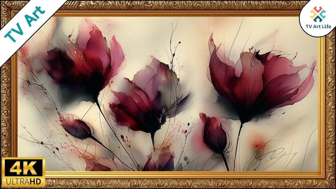 Dark Red Floral Watercolor Frame TV Art | Moody Flower Screensaver | 4 Hours