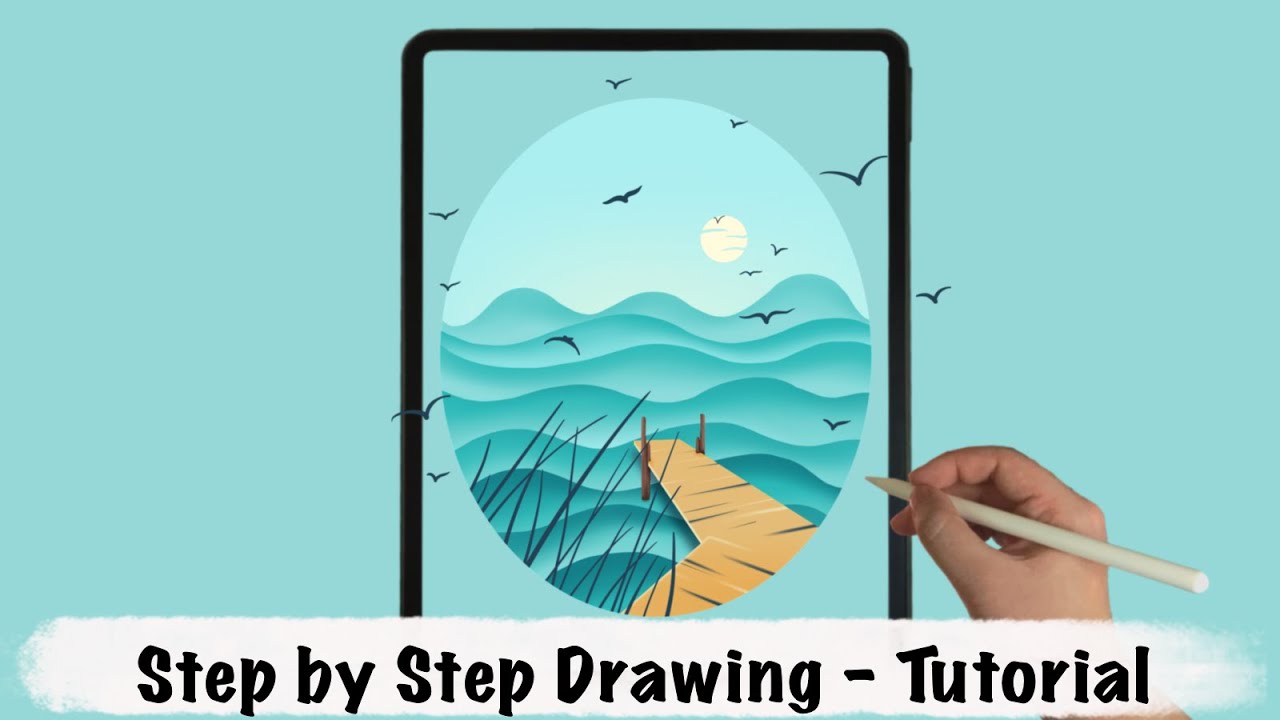 Wooden Dock on the Wavy Lake iPad Procreate Drawing - Step by Step Drawing Tutorial