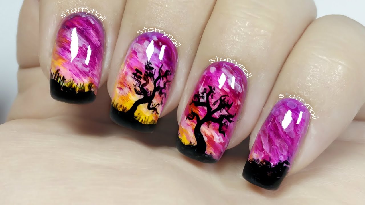 Purple Sunset & Trees [Freehand Nail Art]