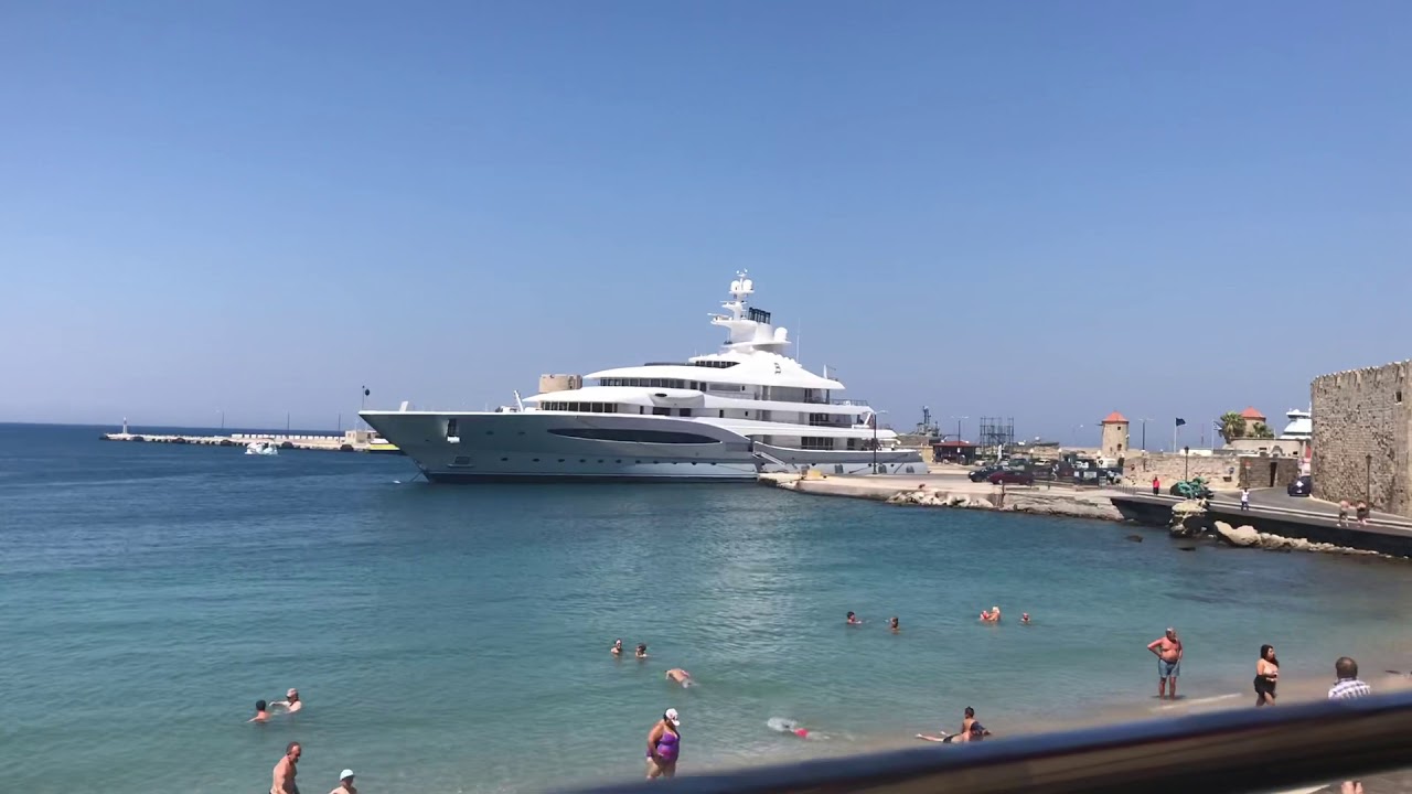 Rhodes Greece harbour with Mayan Queen super yacht in bay 2018 HD 1080p
