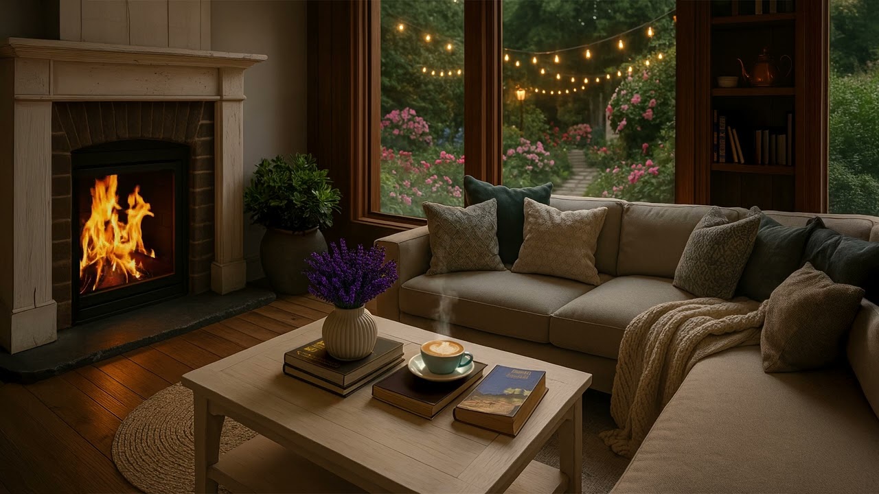 Cozy Living Room Fireplace Ambience | Misty Spring Afternoon & Relaxing Garden Views