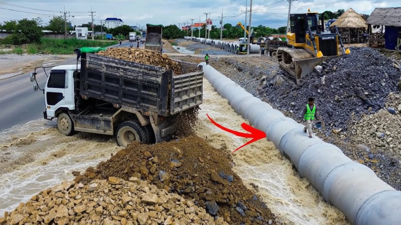 Amazing New project! Dump truck unloading Rock to fill a concrete pipe with SHANTUI & KOMATSU Dozer