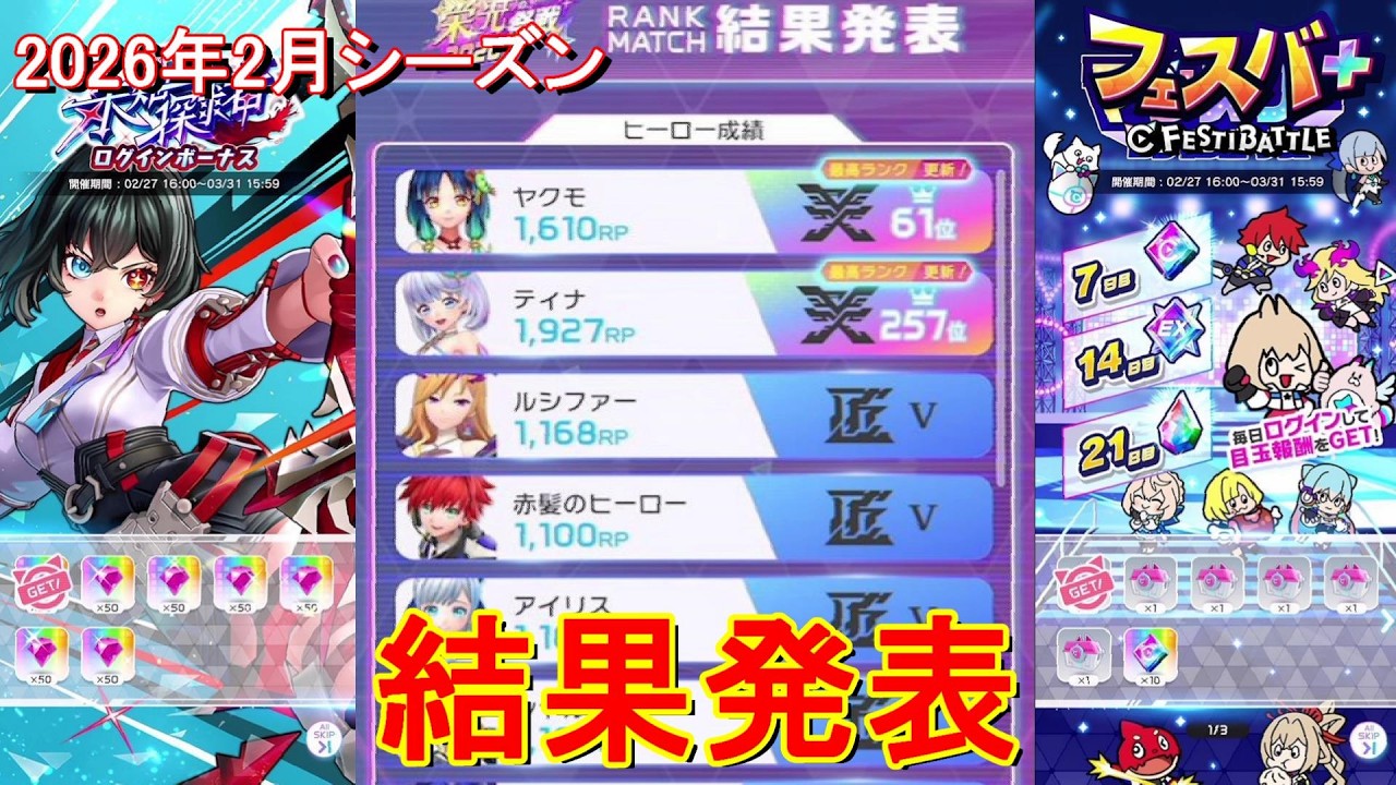 【フェスティバトル】結果発表、2026年2月シーズン【コロプラ・MIXI】【フェスバ】【フェスバプラス】【フェスバ+】 #1431