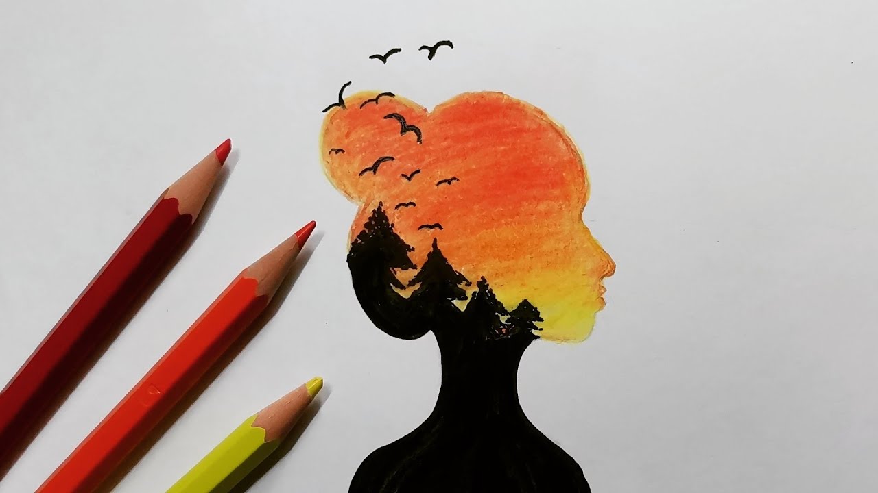 رسم منظر طبيعي سهل الغروب داخل بورتريه فتاة رسم بالألوان الخشبية How To Draw land space easy