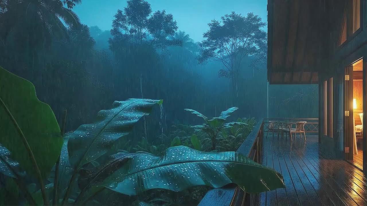 Instant Sleep with Light Rain Sounds and Low Thunder Murmur at Forest Cabin Terrace 🌧️