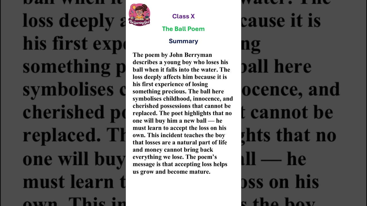 The Ball Poem - Class 10 | Full Summary in Simple English | Exam Ready &  Easy to Learn #ytshorts