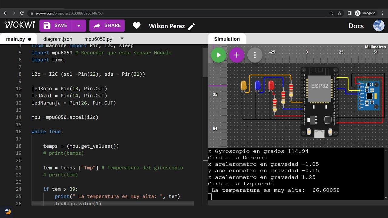 Montaje 22: Programado en un ESP32 un acelerometro mpu6050 con Leds en Wokwi y python