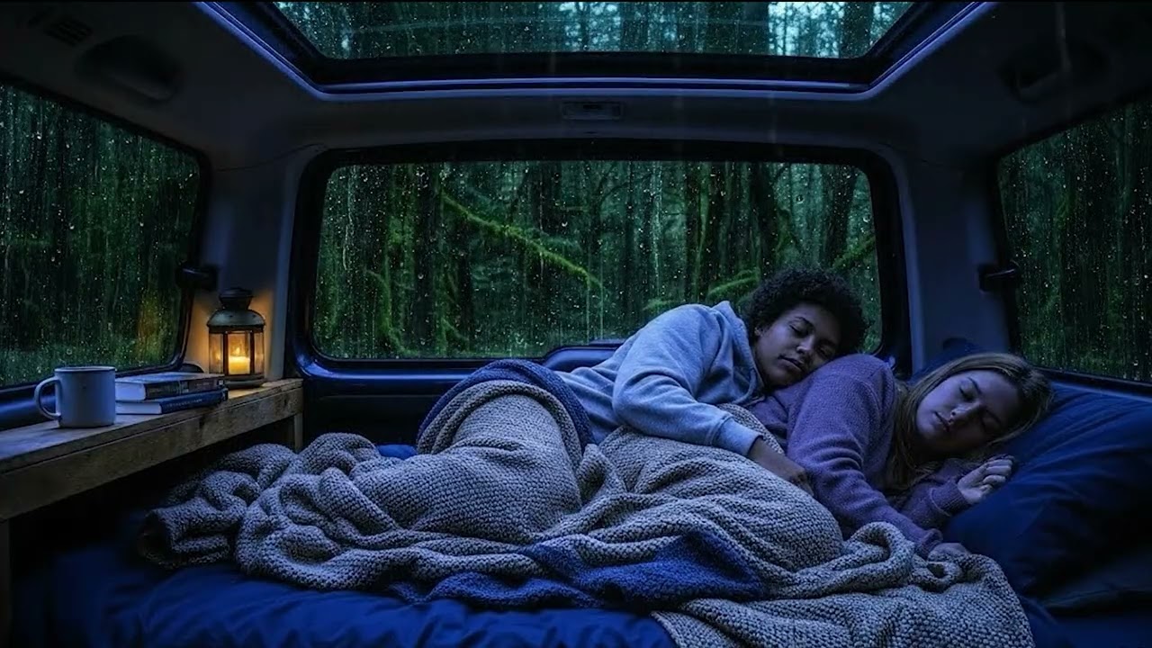 Rainy Forest ASMR 🌧️ Woman Sleeping in a Van with Her Bernese Mountain Dog 🐾